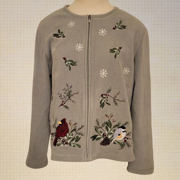 Winter Fleece Embroidered Bird Zip Up Sweater Croft & Barrow Petite Large - Picture 1 of 5